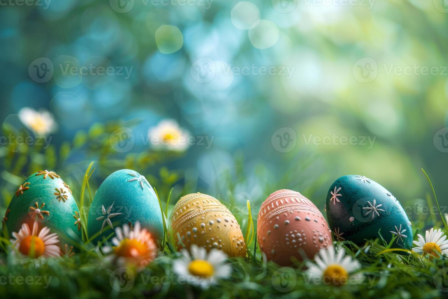 ai generiert bunt Ostern Eier dekoriert mit Muster ruhen auf beschwingt Frühling Gras inmitten Wildblumen, gebadet im Sonnenlicht foto