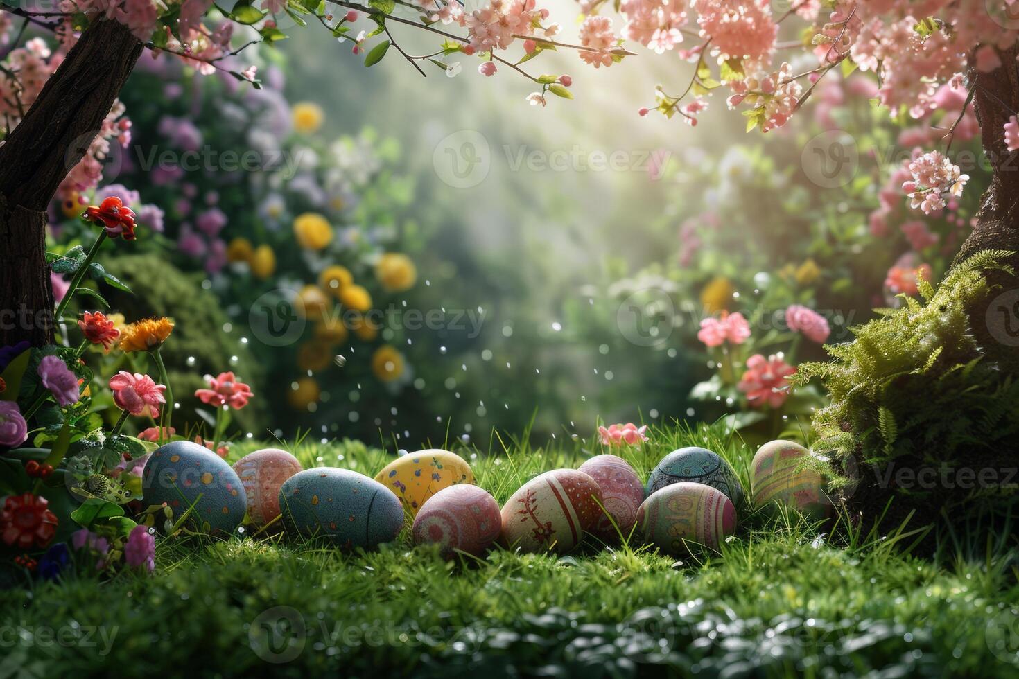 ai generiert bunt Ostern Eier dekoriert mit Muster ruhen auf beschwingt Frühling Gras inmitten Wildblumen, gebadet im Sonnenlicht foto