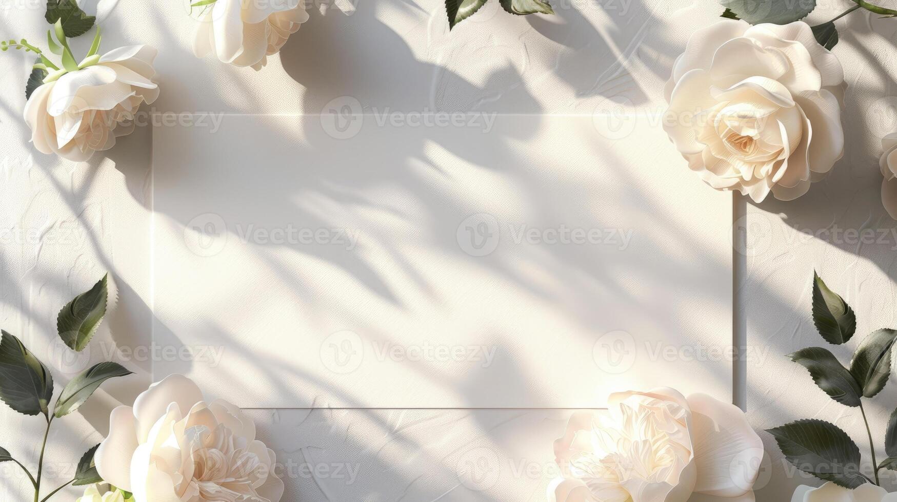 ai generiert Weiß Einladung Karte zum Hochzeit, Geburtstag, Jahrestag oder andere Urlaub. Weiß leer Papier und Rosen flachgelegt. Boho Stil Attrappe, Lehrmodell, Simulation auf Rosa Pastell- Hintergrund. foto