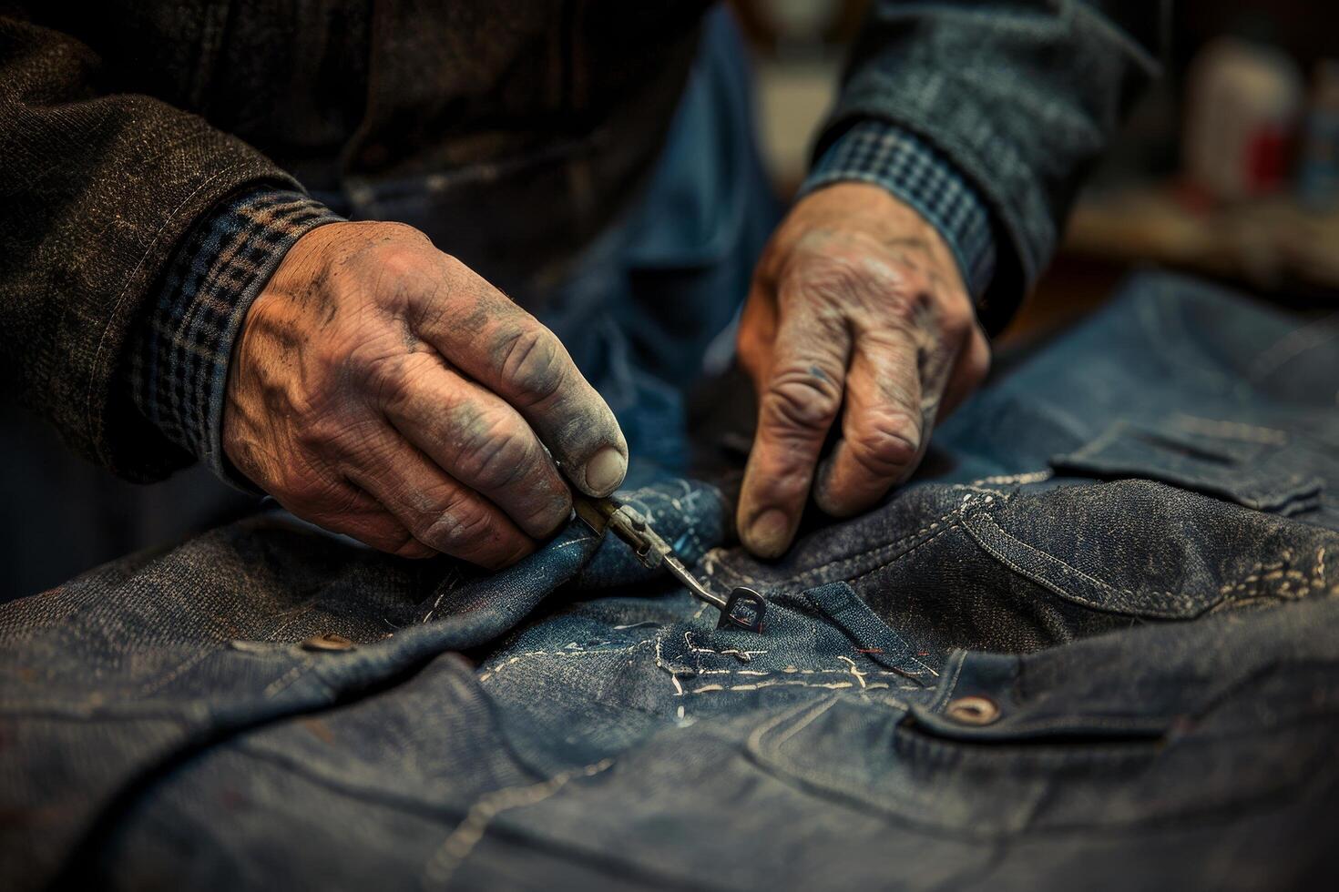 ai generiert ein Schneider reparieren ein zerrissen Kleidungsstück betonen Kleidung Reparatur und Änderungen foto