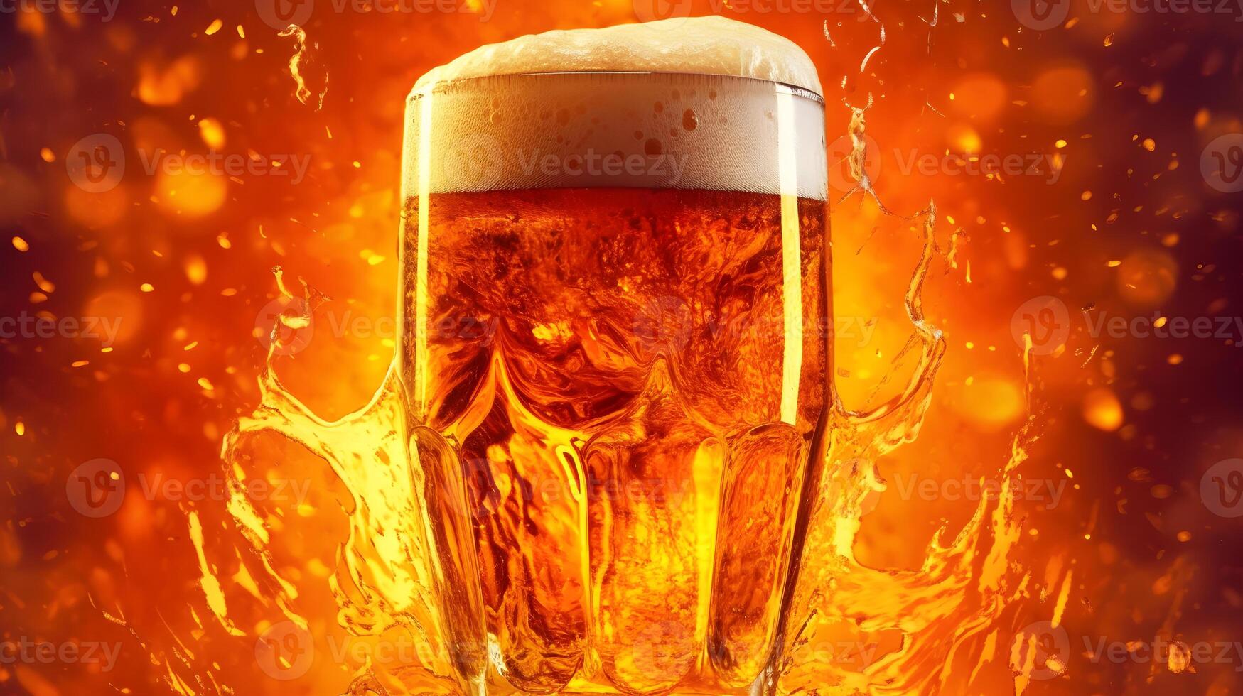 ai generiert Bier Glas mit Schaum und Feuer auf ein dunkel Hintergrund foto