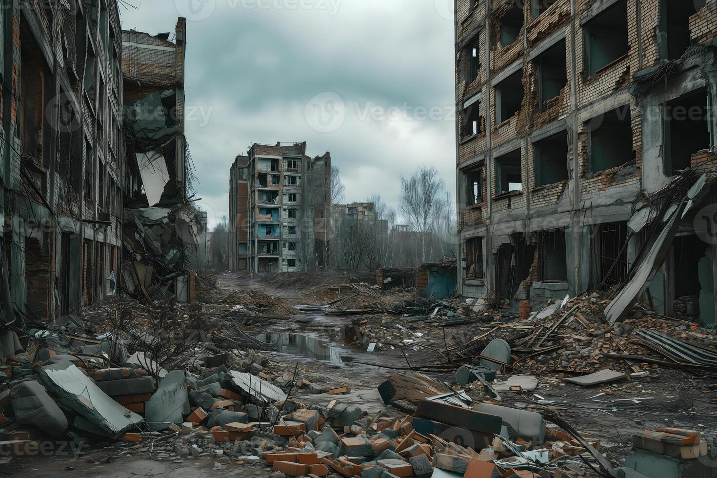 ai generiert ruiniert Häuser Straße nach Krieg foto