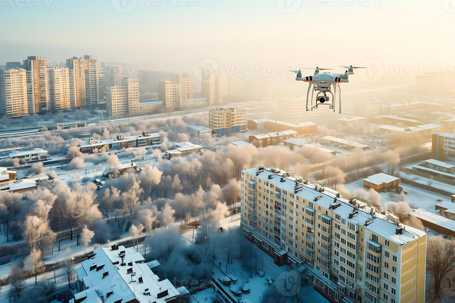 ai generiert fliegend Drohne über das Stadt beim Winter Morgen foto