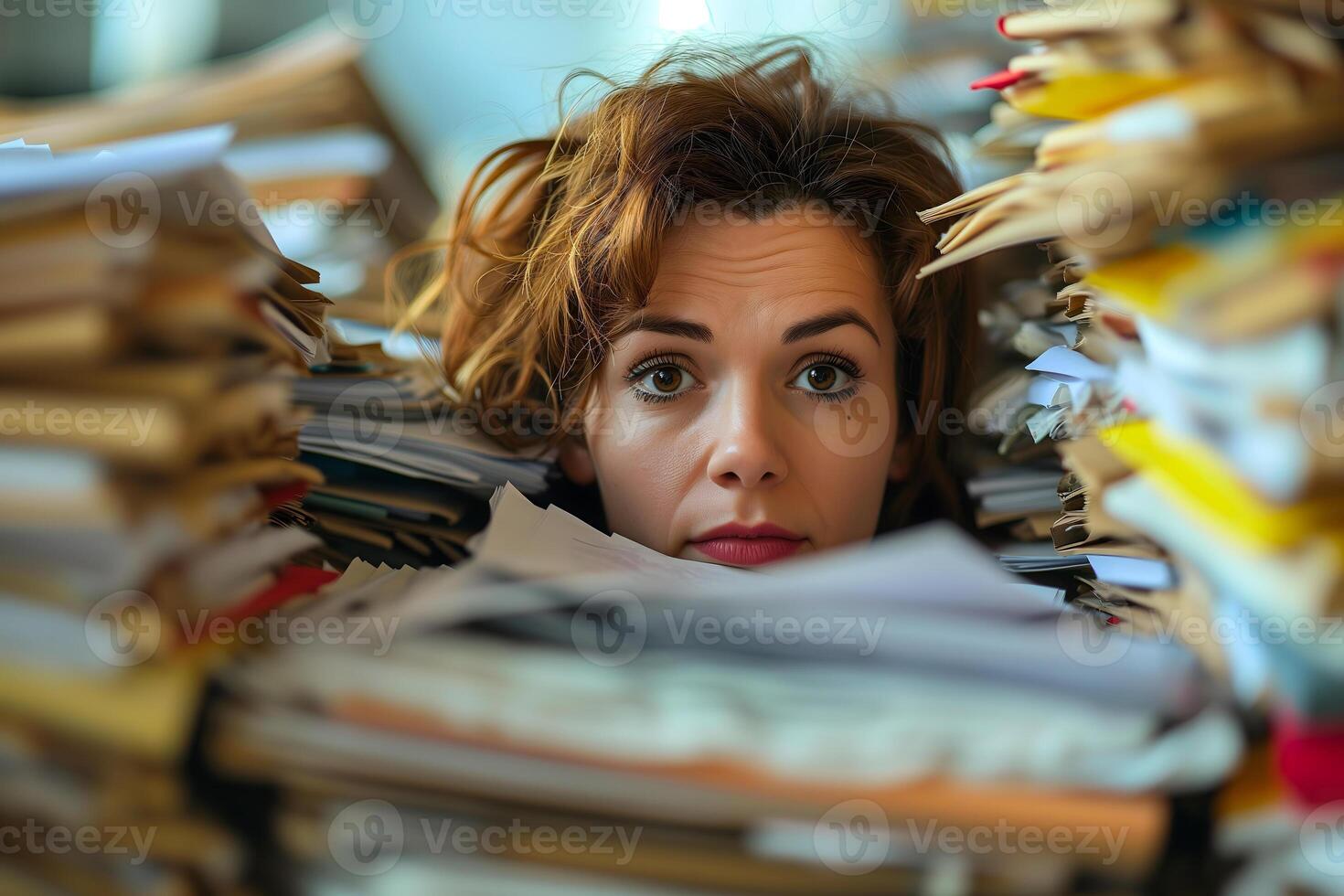 ai generiert kaukasisch Frau im ein Büro, überwältigt durch ein Berge von Papierkram foto