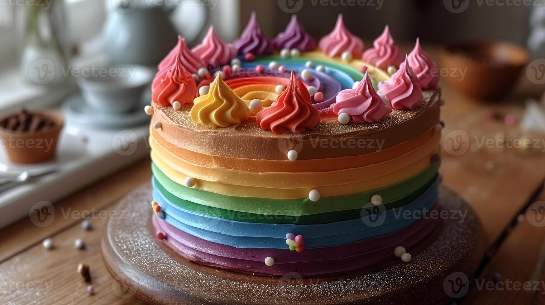 ai generiert Regenbogen lgbt Flagge farbig Kuchen auf Küche Tabelle foto