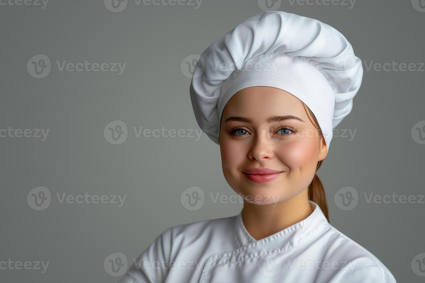 ai generiert Porträt von ein schön weiblich Koch im ein Weiß Uniform auf ein grau Hintergrund foto