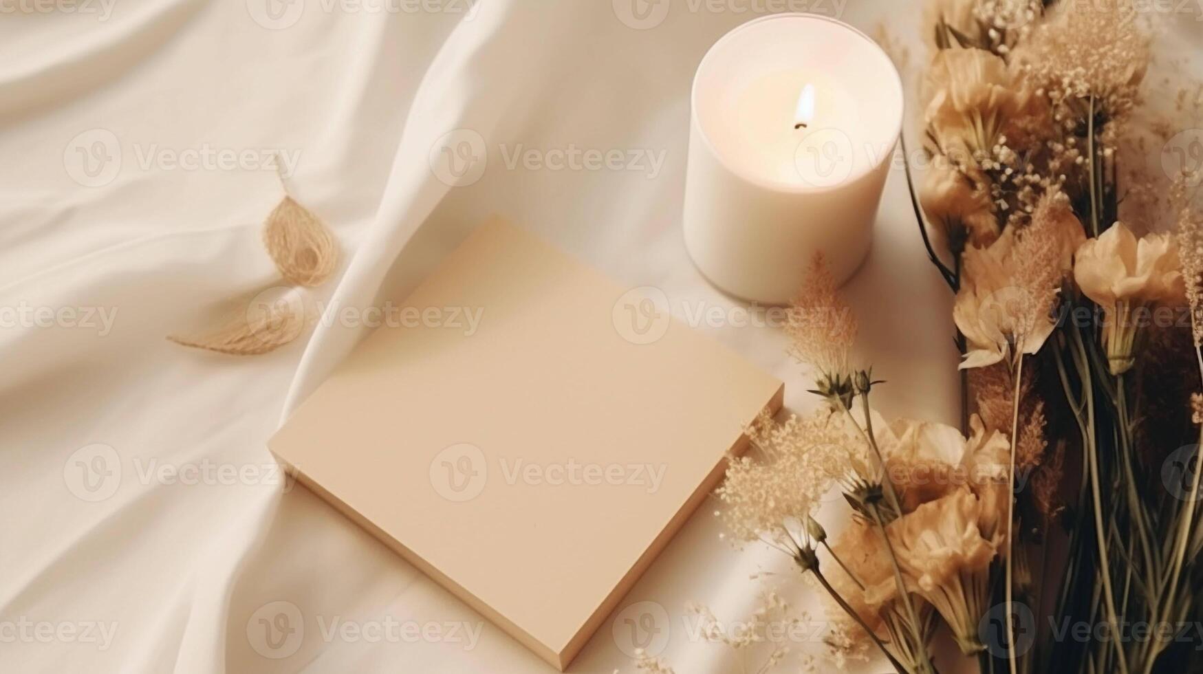 ai generiert Foto von ein gemütlich Schlafzimmer Atmosphäre mit ein Blumen, Kerze und Anmerkungen. Morgen Entspannung und Zuhause Komfort Konzept