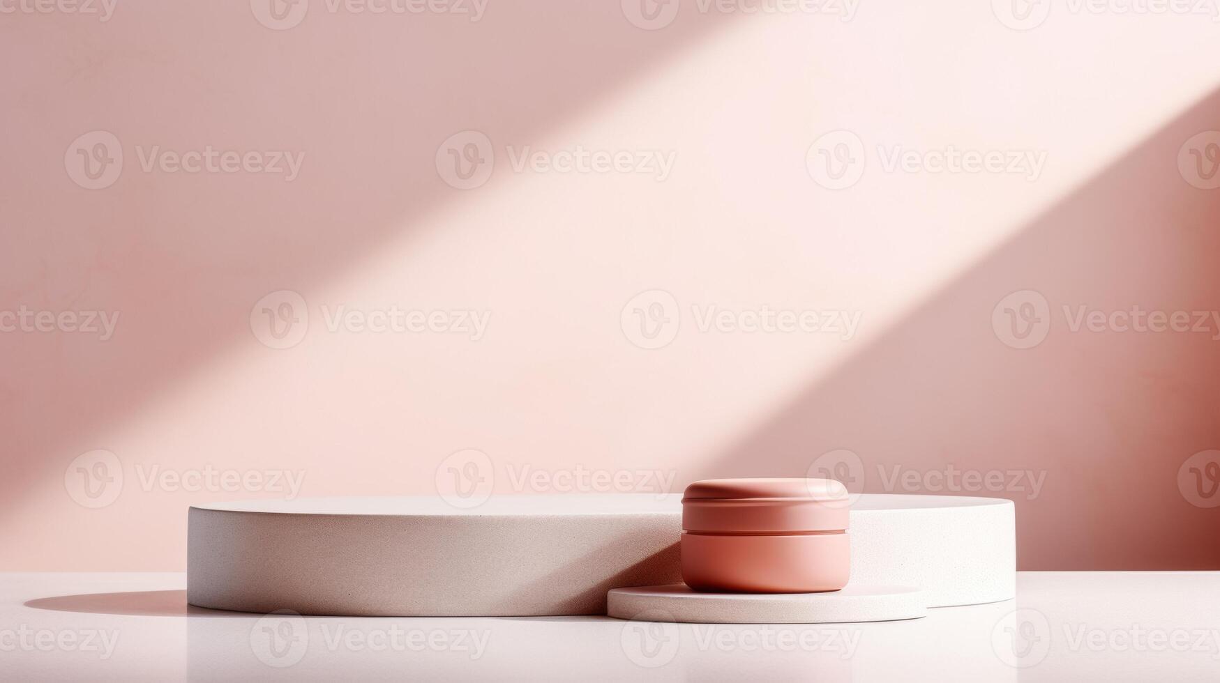 ai generiert ein minimalistisch kosmetisch Anzeige mit drei zylindrisch Sockel im variieren Höhen gegen ein Sanft Rosa Hintergrund, Ideal zum präsentieren Schönheit Produkte foto