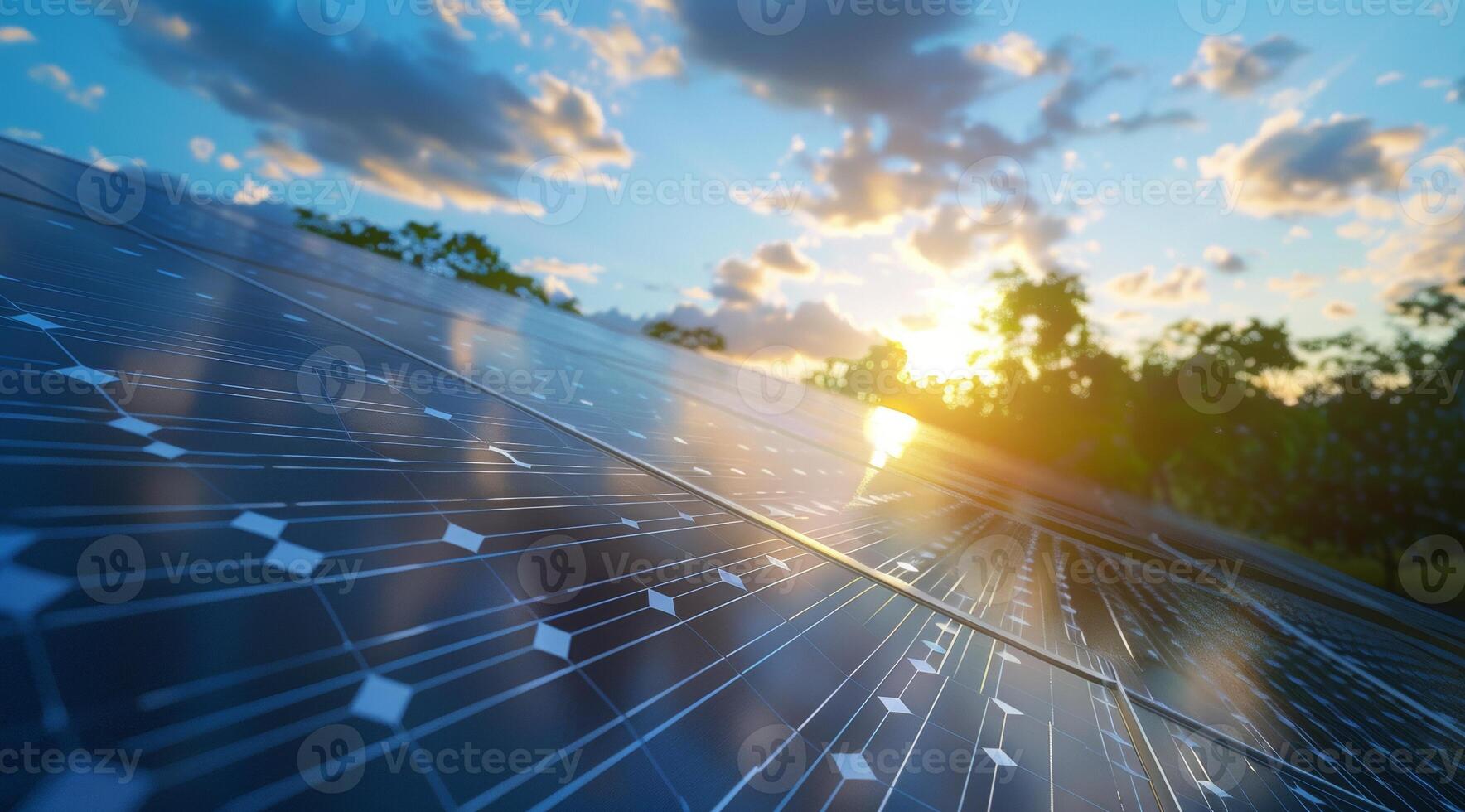 ai generiert ein riesig Solar- Panel Array erfasst das golden Strahlen von das Rahmen Sonne, Hervorheben verlängerbar Energie Potenzial foto