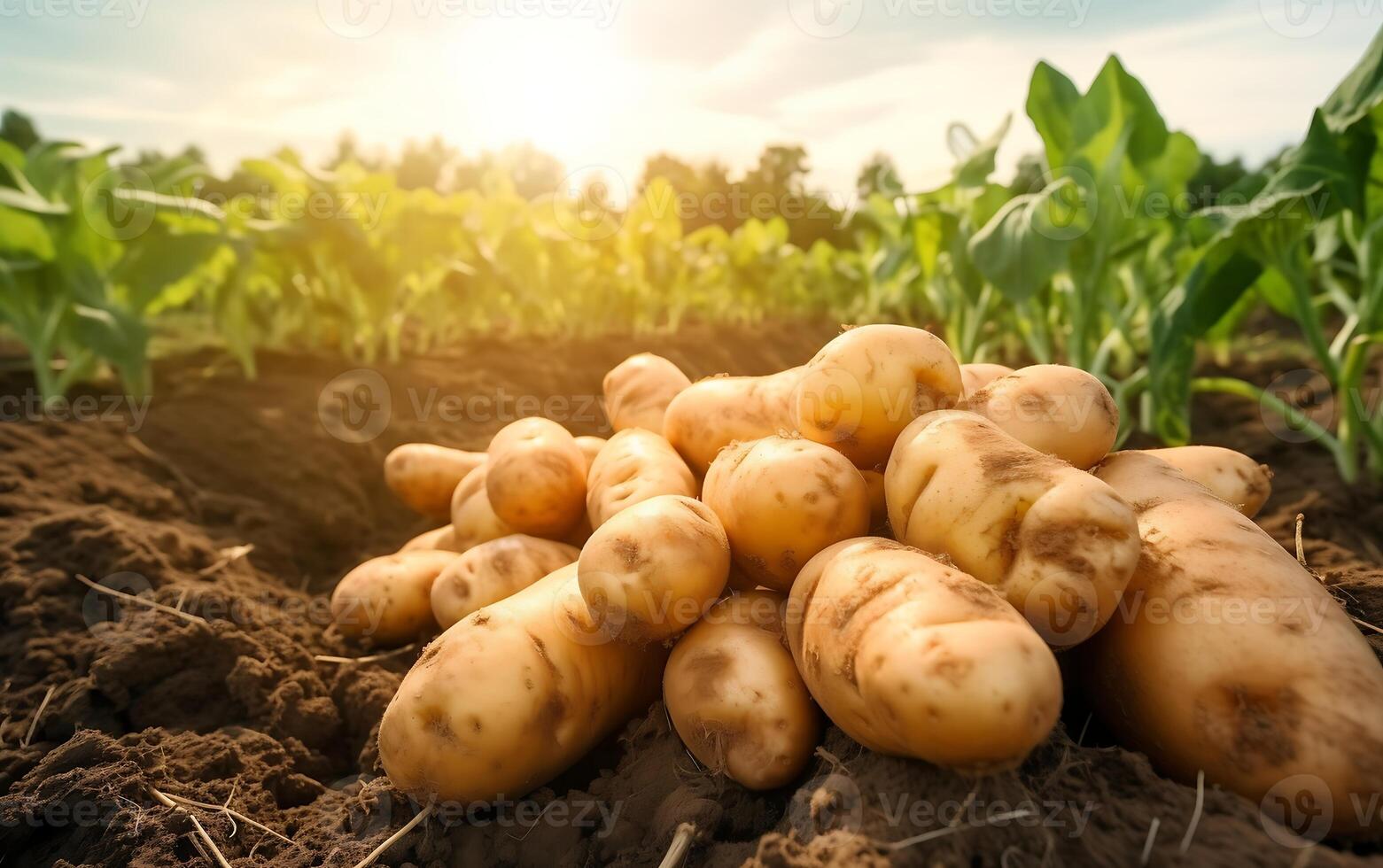 ai generiert geerntet Kartoffeln auf ein Feld im das Strahlen von das Rahmen Sonne foto