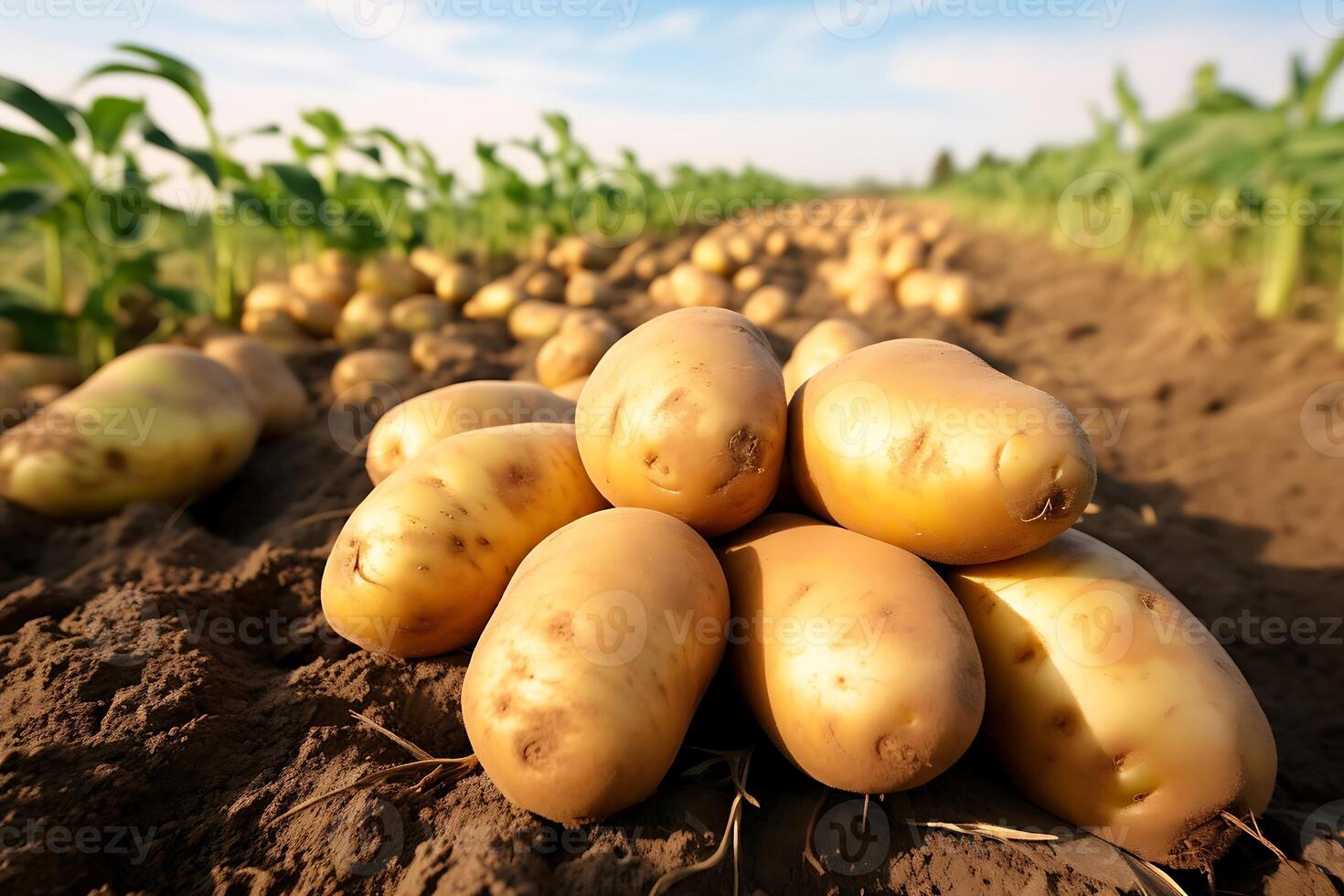 ai generiert geerntet Kartoffeln auf ein Feld im das Strahlen von das Rahmen Sonne foto