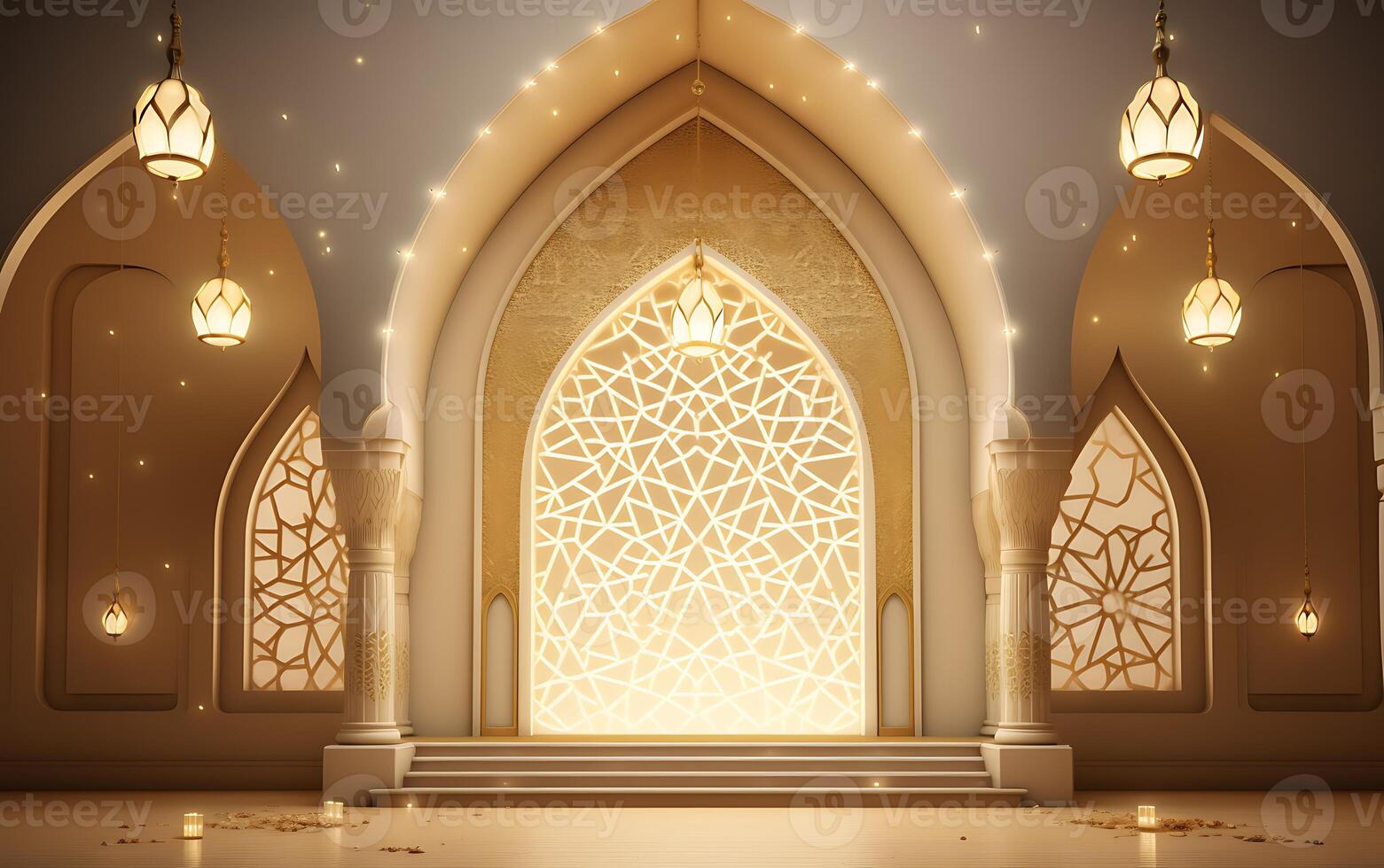 ai generiert Illustration von Ramadan kareem Hintergrund mit Moschee und golden Konfetti foto