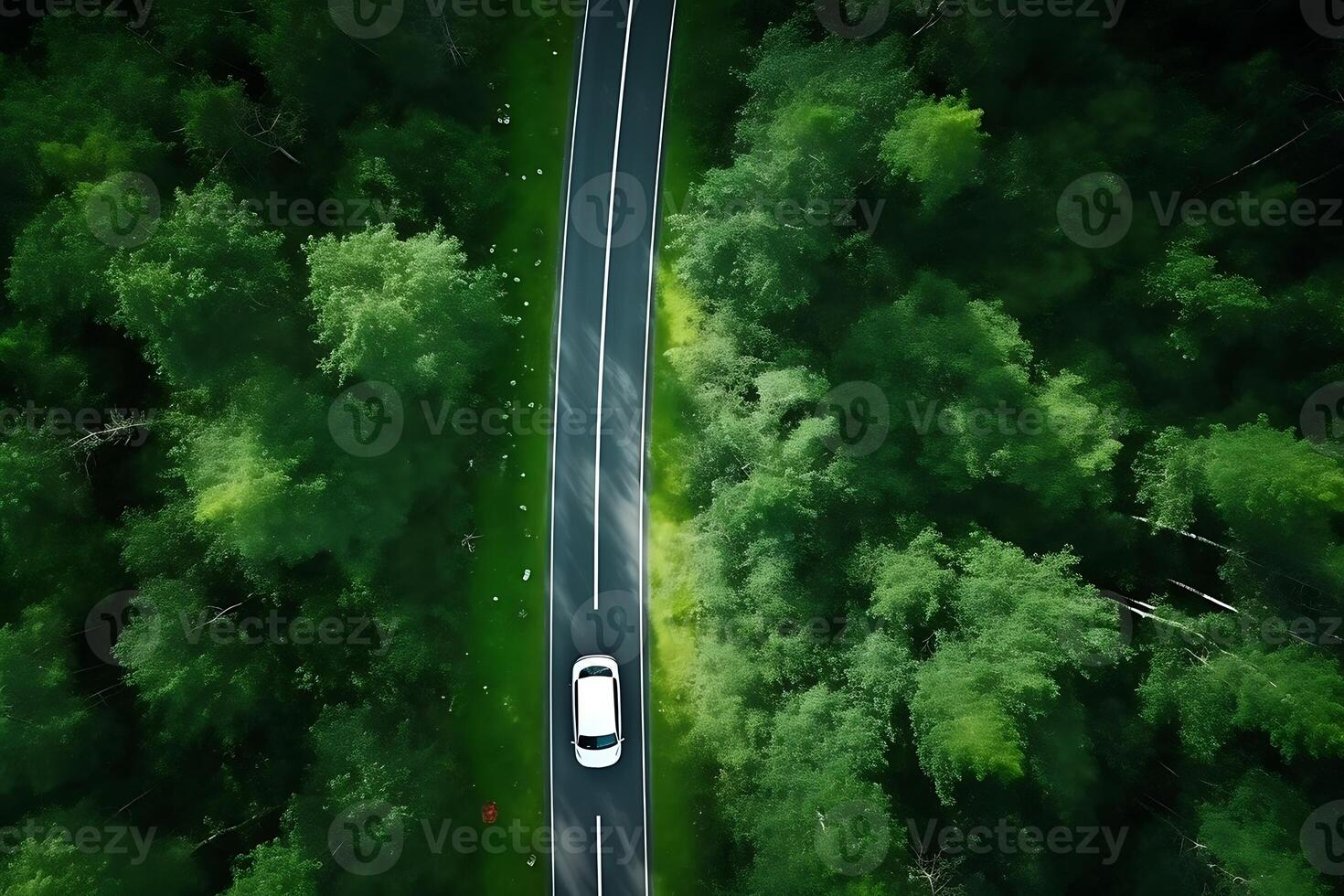 ai generiert Antenne Aussicht von Autobahn im das Wald. oben Aussicht von Drohne. foto