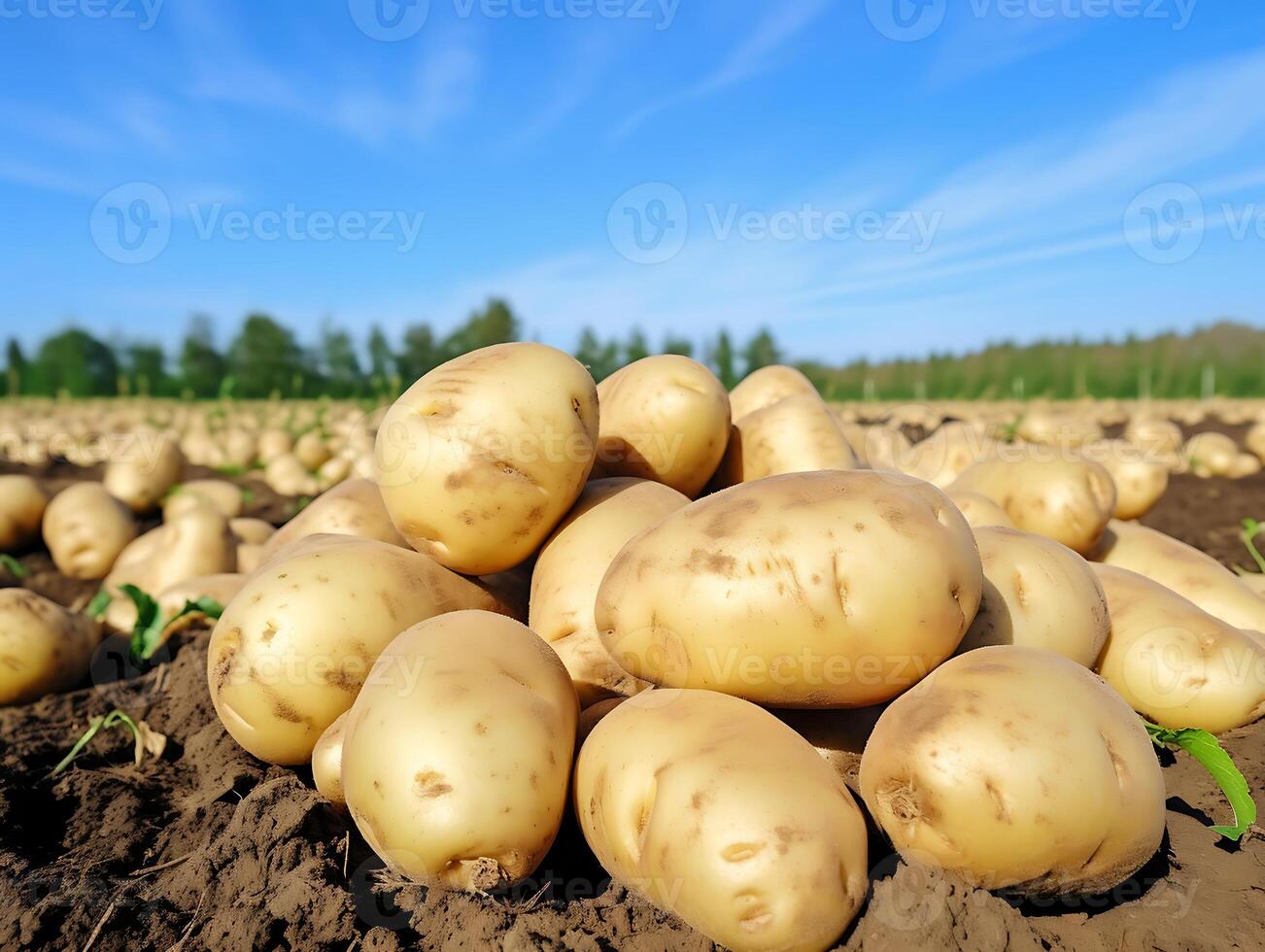 ai generiert geerntet Kartoffeln auf ein Feld im das Licht von das Rahmen Sonne foto