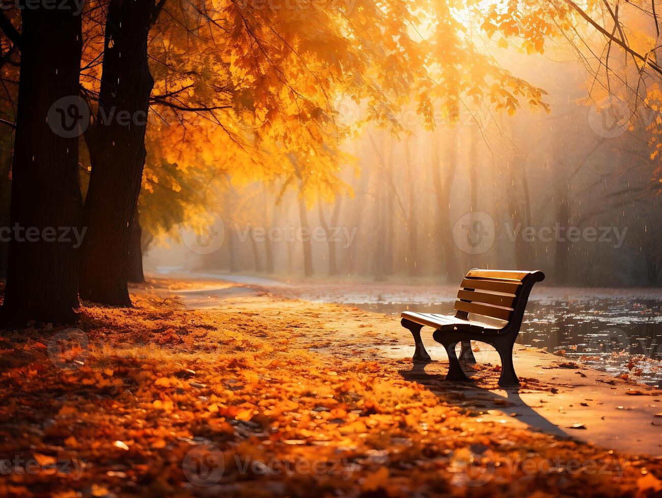 ai generiert hölzern Bank im das Herbst Park beim Sonnenuntergang. schön Landschaft. foto