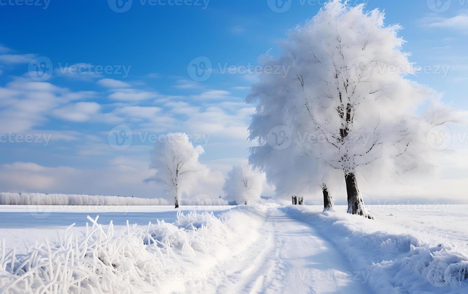 ai generiert schön Winter Landschaft mit Straße und Bäume bedeckt mit Raureif foto