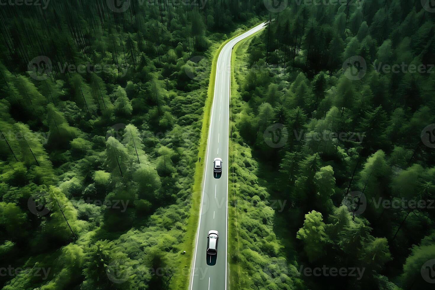 ai generiert Auto Fahren auf das Straße durch das Wald. 3d Wiedergabe. foto