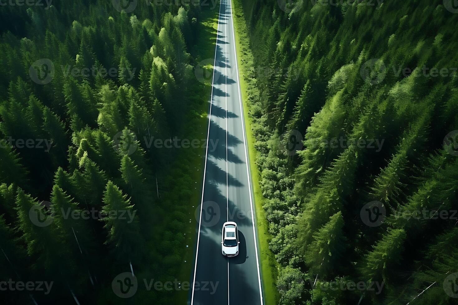 ai generiert Antenne Aussicht von Autobahn im das Wald. oben Aussicht von Drohne. foto