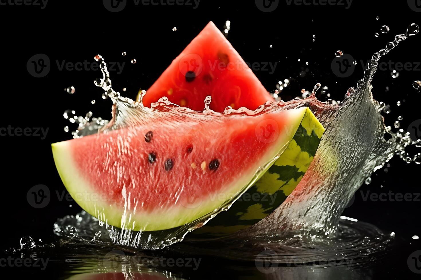 ai generiert Wassermelone Scheibe mit Wasser Spritzen auf Grün Hintergrund. 3d Rendern foto