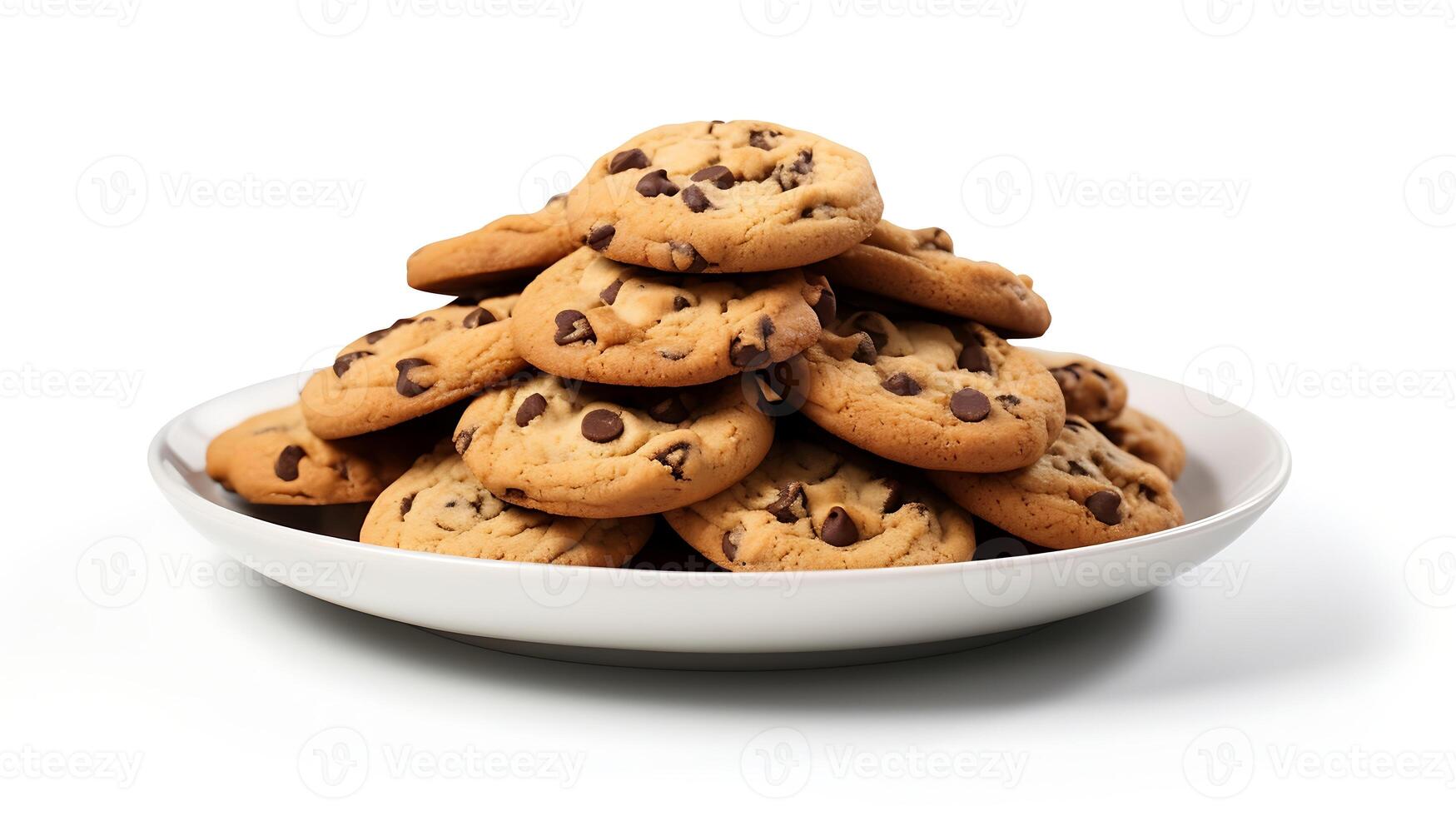 ai generiert Schokolade Chip Kekse auf Teller isoliert auf Weiß Hintergrund mit Ausschnitt Pfad foto