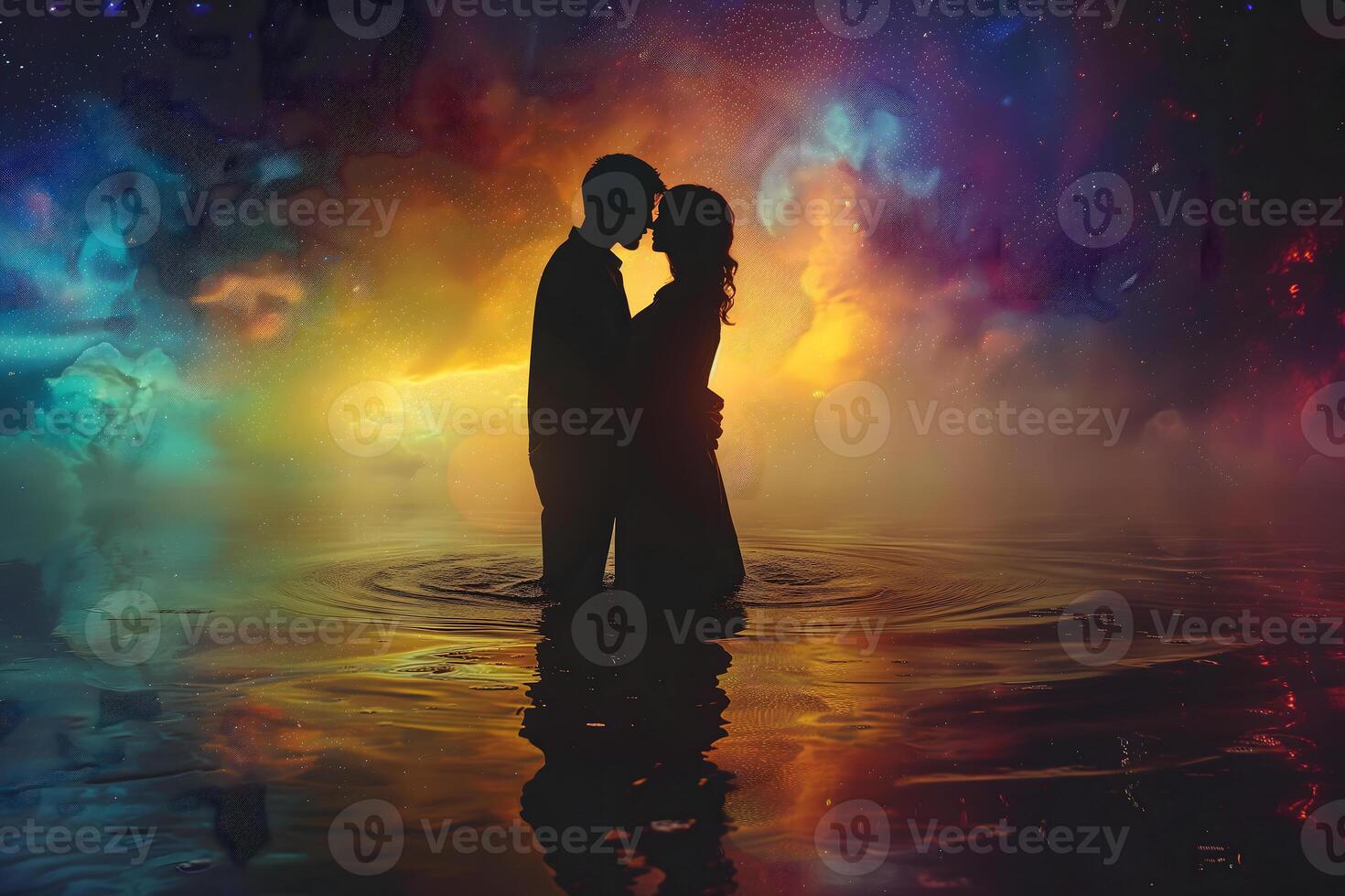 ai generiert Mann und Frau Umarmen im surreal, bunt Flüssigkeit Fantasie Traumlandschaft foto