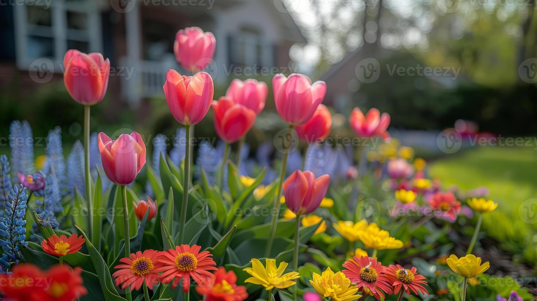 ai generiert Frühling Symphonie. Blumen, Insekten und Vögel. foto