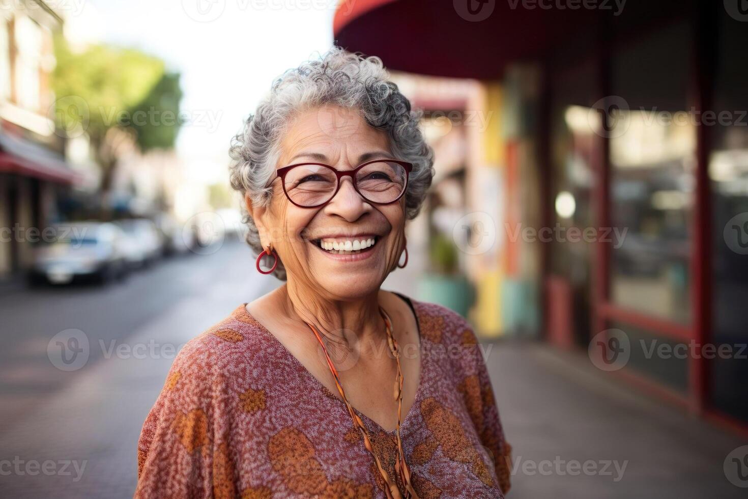 ai generiert offen glücklich Frau von reifen Senior Alter, 60er. lächelnd freundlich weiblich Porträt foto