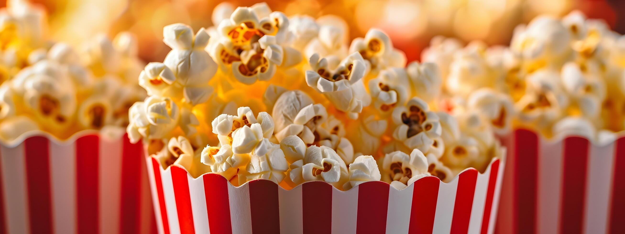 ai generiert schließen oben Bild von ein rot und Weiß gestreift Popcorn Tasse mit viele von Popcorn im ein Film Theater foto
