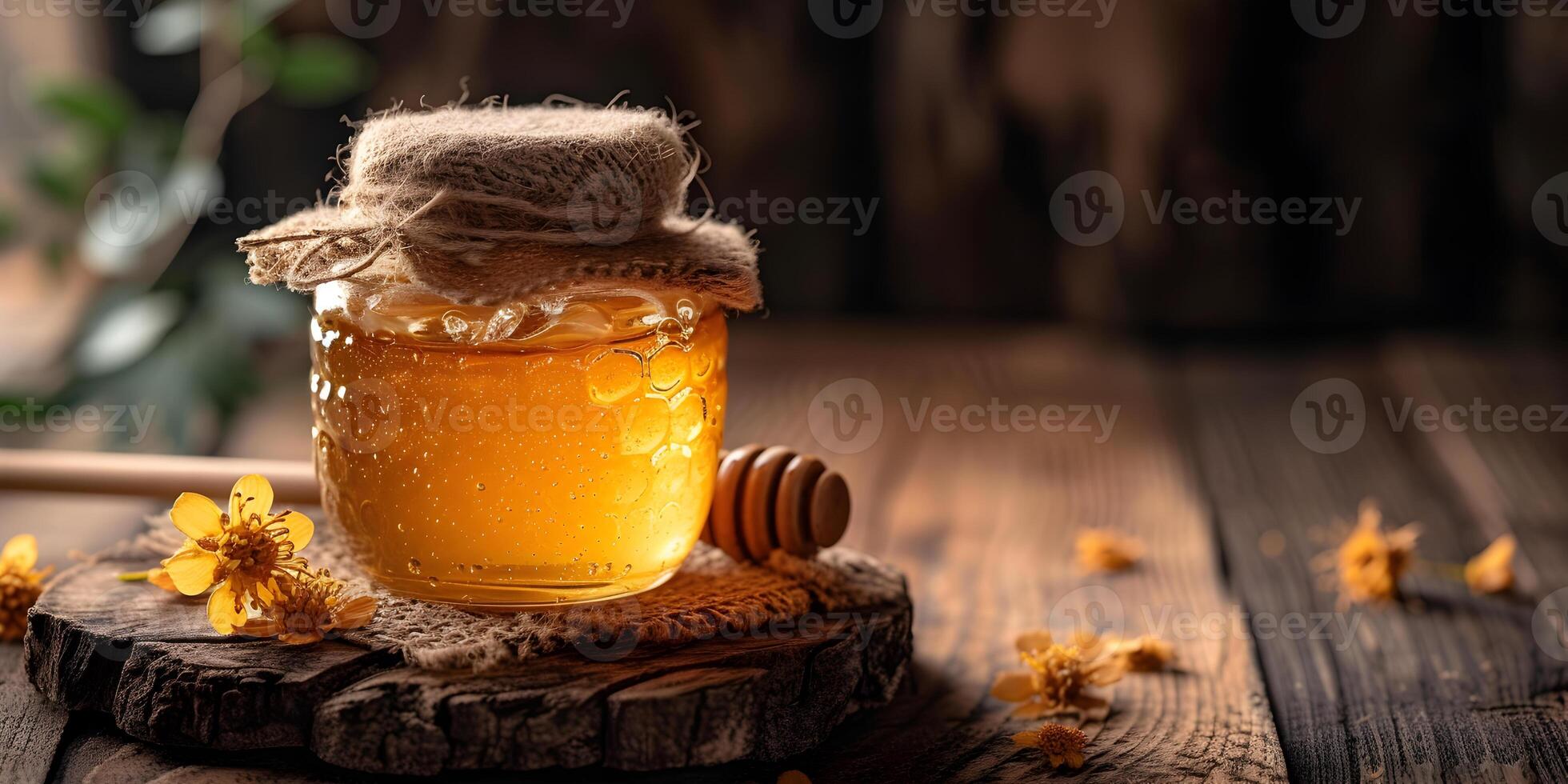 ai generiert Honig Krug mit Honig Schöpflöffel, Stock und Wiese Blumen auf hölzern Tabelle mit Kopieren Raum. Bienenzucht, natürlich Behandlung zum Husten, Stärkung das immun System Konzept. foto