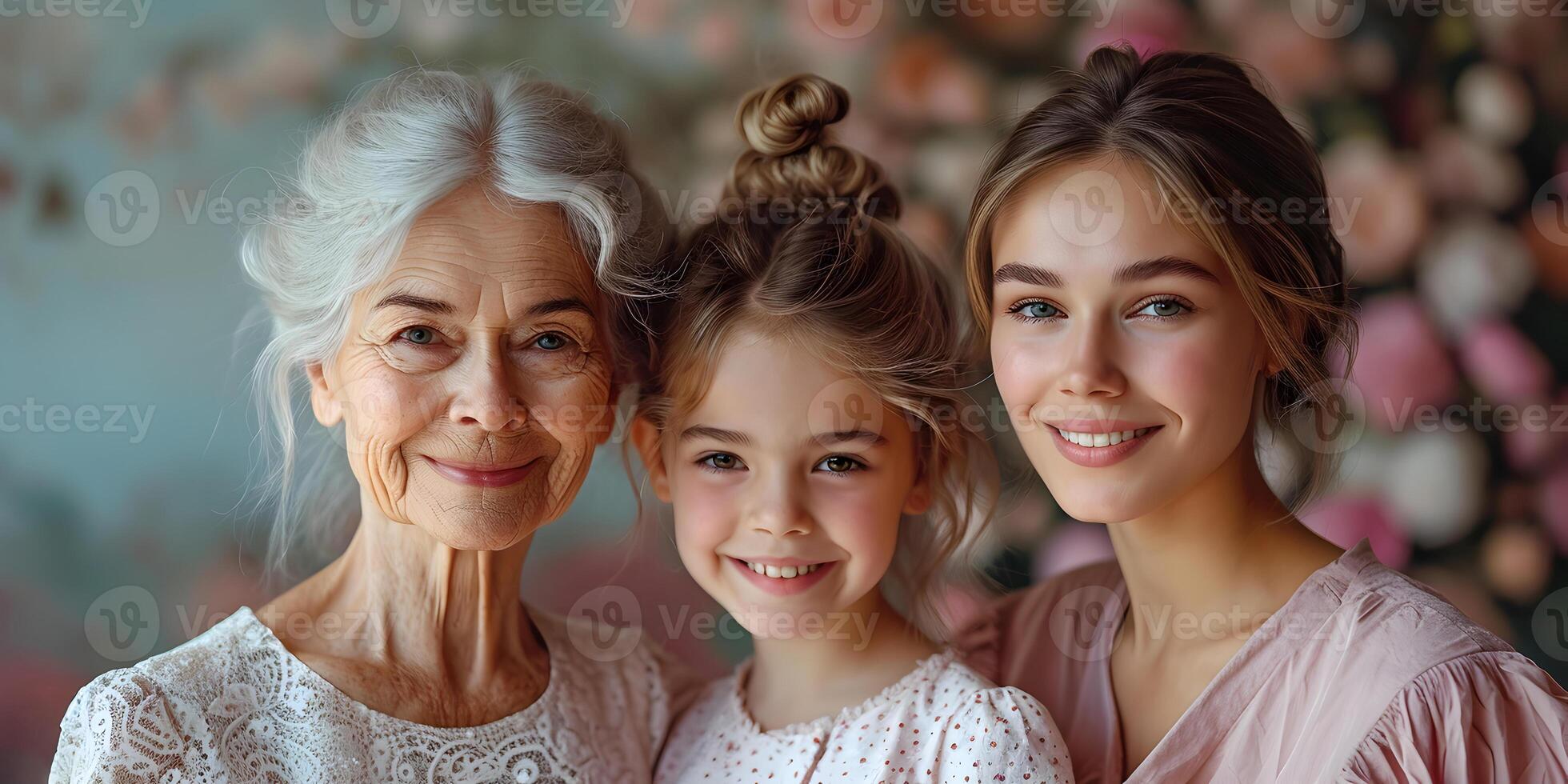 ai generiert Porträt von Oma, Mutter und Kind Mädchen, glücklich Familie von drei Generationen, Zärtlichkeit beim heim, lächelnd. Mütter oder International Damen Tag Konzept. foto