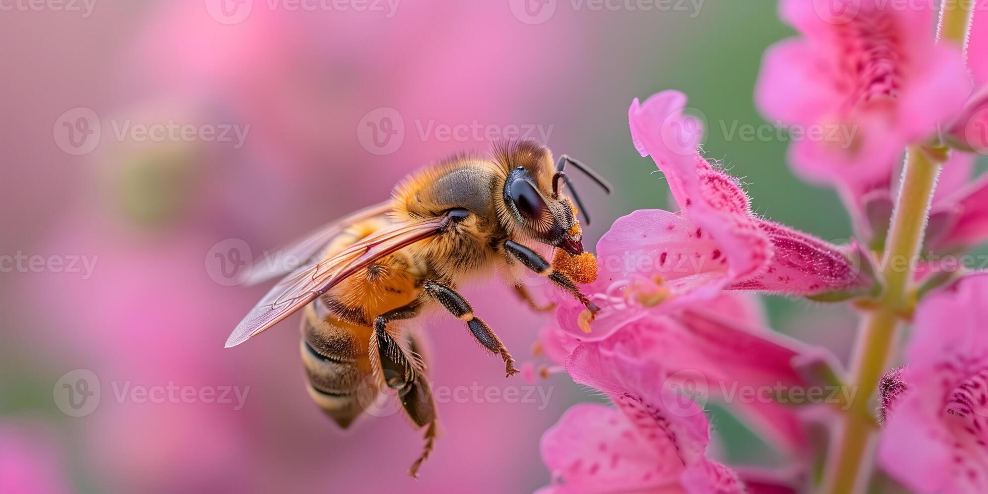 ai generiert Honig Biene bedeckt mit Gelb Pollen Sammeln Nektar von Wiese Blumen. Nahansicht Banner, Frühling und Sommer- Hintergrund. Bienenzucht, Tierwelt und Ökologie Konzept. foto