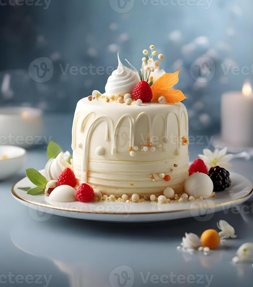 ai generiert ein schön Vanille Sahne Kuchen gefertigt im molekular Küche Stil foto