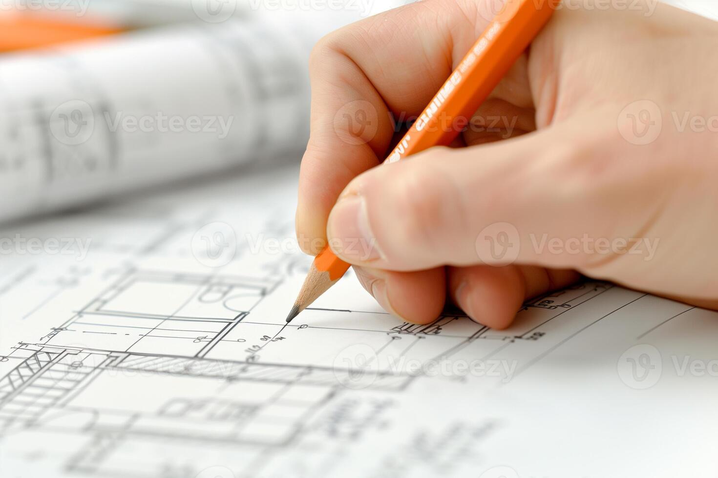 Auftragnehmer Zeichnung auf Blaupausen mit ein Bleistift, Erstellen ein Zuhause Verbesserung planen foto