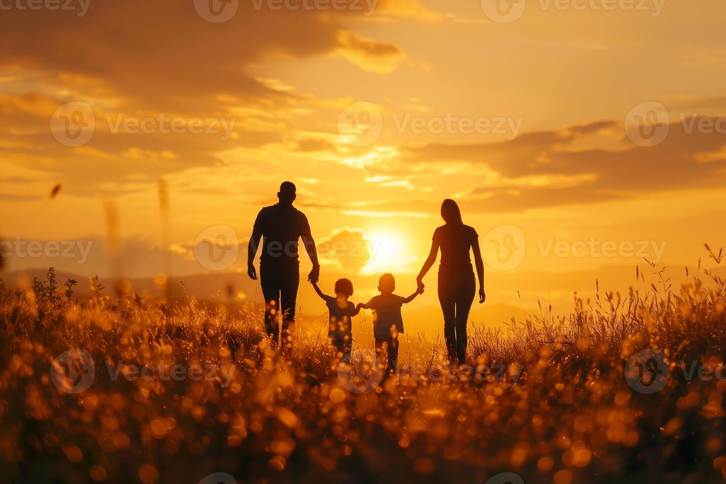 ai generiert ein Familie Gehen im ein Feld beim Sonnenuntergang, ai generiert foto