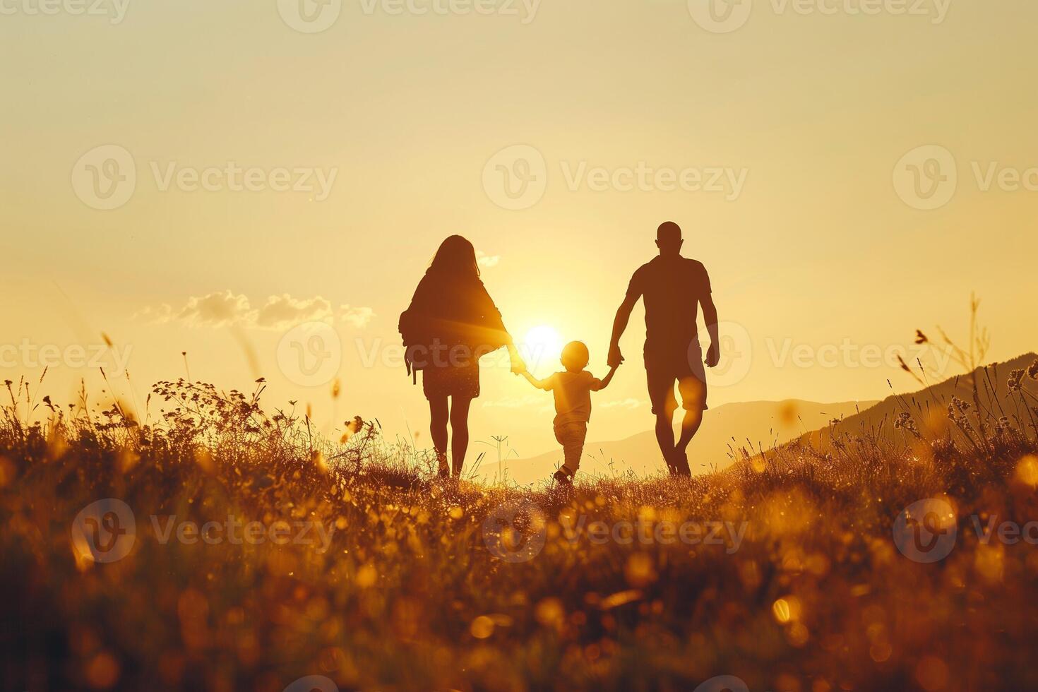 ai generiert ein Familie Gehen im ein Feld beim Sonnenuntergang, ai generiert foto
