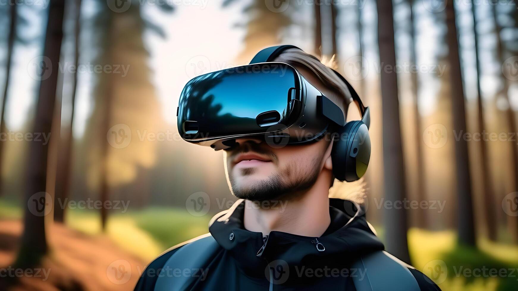 ai generiert Mann tragen vr Brille im Natur, Wald Eintauchen. ar Brille. virtuell Wirklichkeit Headset foto