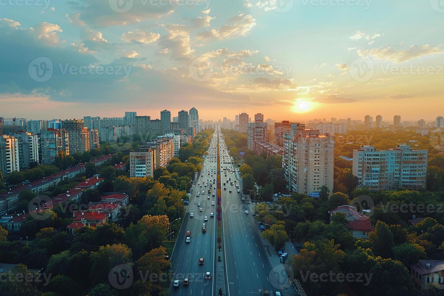 ai generiert Antenne Aussicht von ein Ruhe Stadt während Sonnenuntergang foto