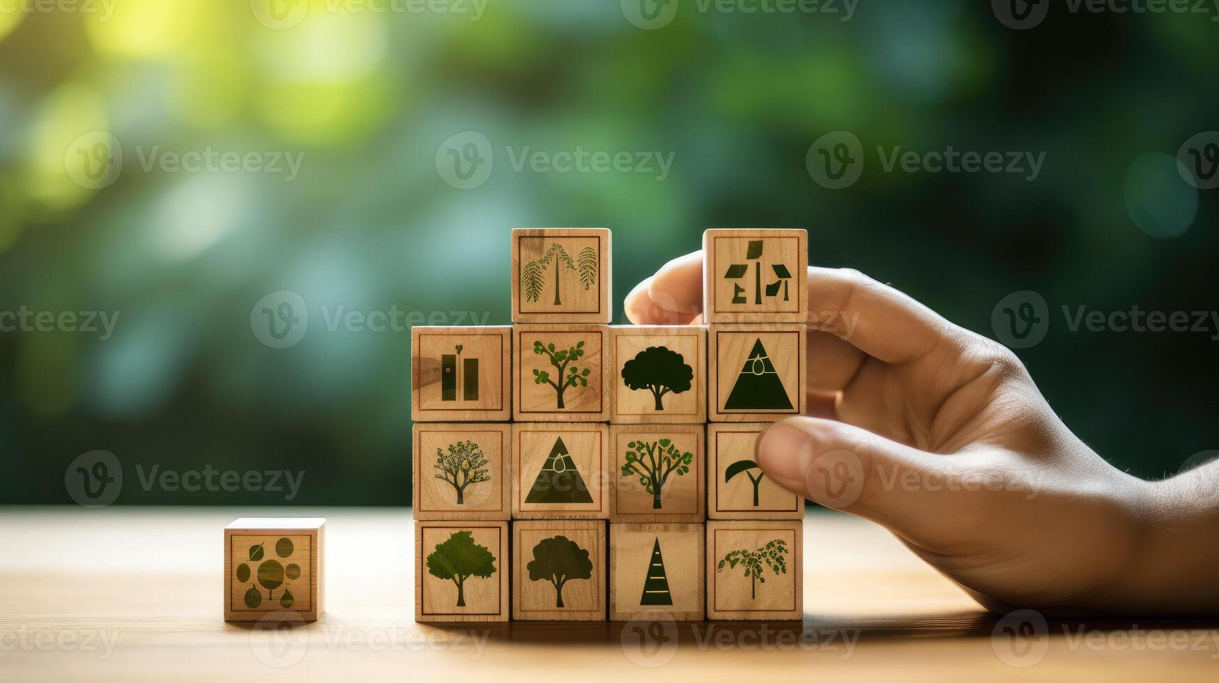 ai generiert Hand Wald Block Würfel mit Symbol Unternehmen Strategie Entwicklung, Konzept Erfolg, und Geschäft Ziele, foto