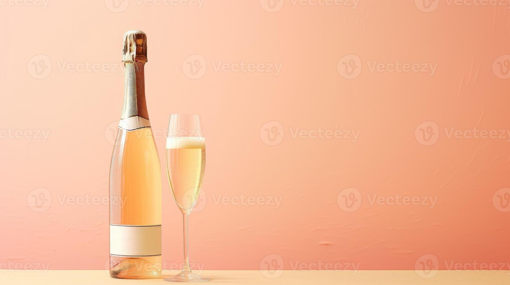 ai generiert Champagner Flasche mit Glas auf Pastell- Pfirsich Hintergrund, foto