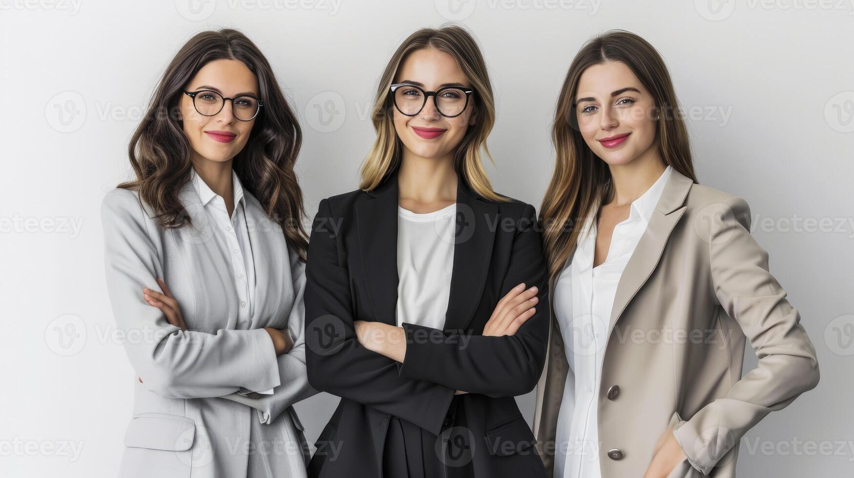 ai generiert drei schön Geschäftsfrau Stehen, lächelnd stolz, suchen im Kamera, isoliert auf Weiß Hintergrund, foto