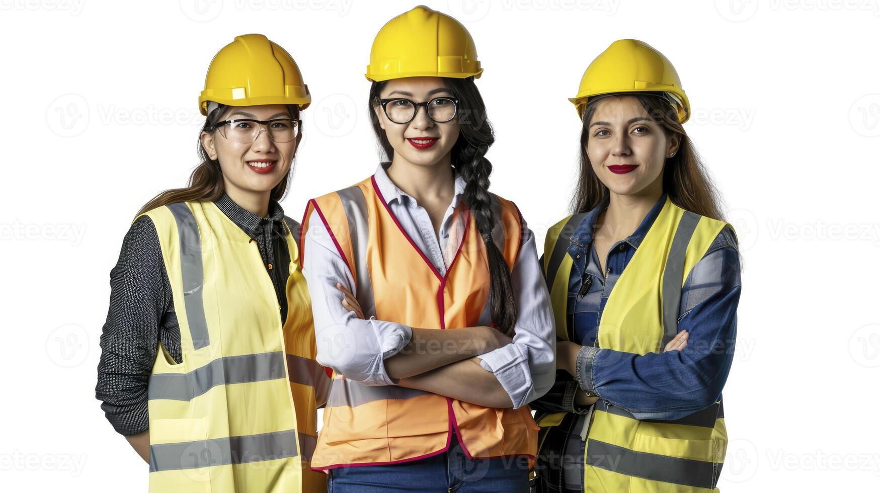 ai generiert drei schön Ingenieure Frauen Stehen, lächelnd stolz, suchen im Kamera, isoliert auf Weiß Hintergrund, foto