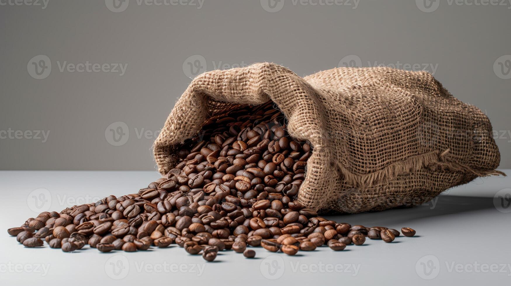ai generiert Kaffee Bohnen im ein Sackleinen Tasche auf ein grau Hintergrund foto