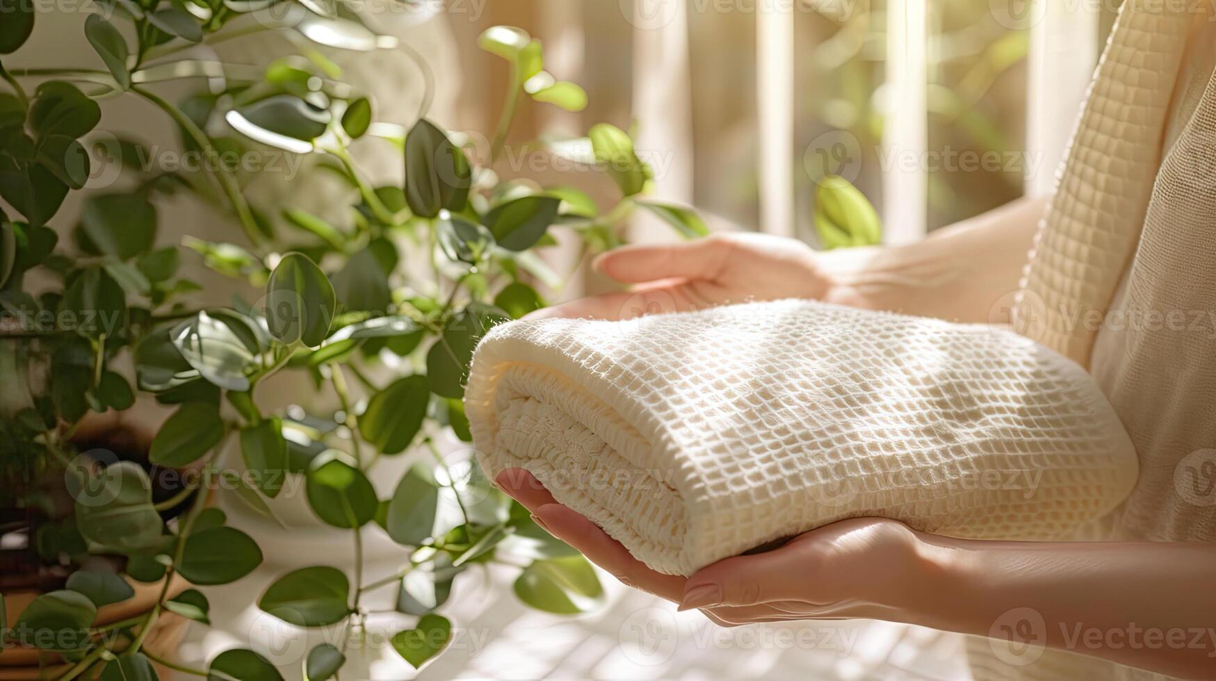 ai generiert weiblich Hände mit umweltfreundlich Handtücher, Nahaufnahme. Null Abfall Konzept foto