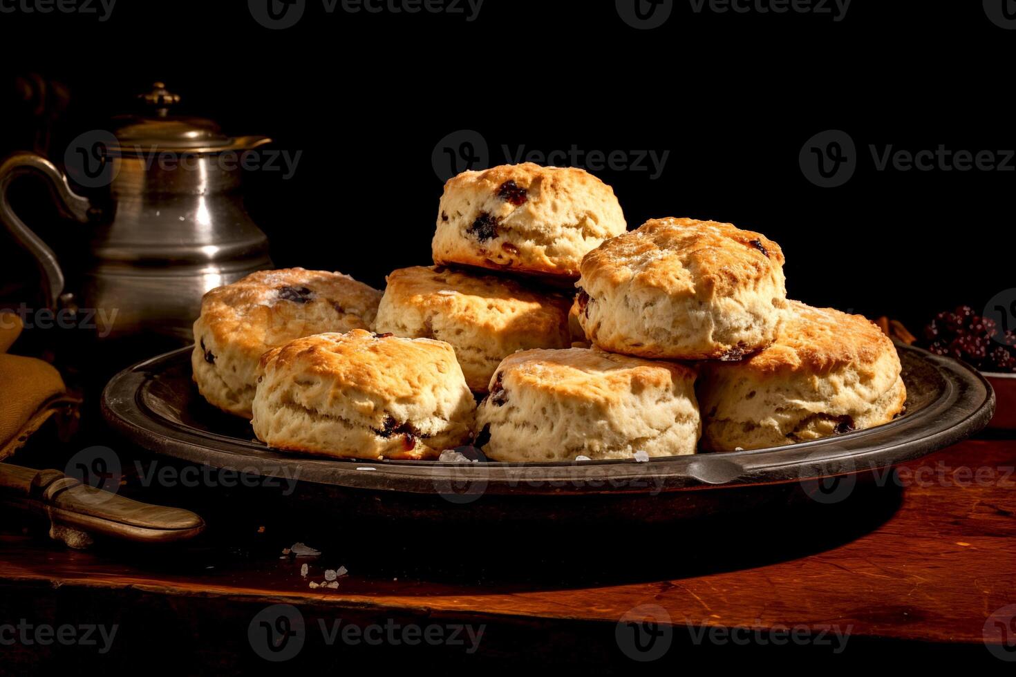 ai generiert Nahansicht hausgemacht einfach Scones im Gericht. Bäckerei Essen Nachmittag Tee Speisekarte foto