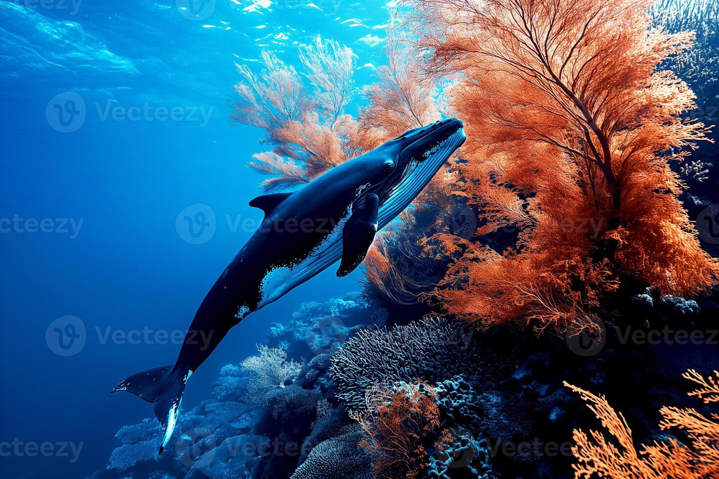 ai generiert Wal Schwimmen im das Meer mit klein Fisch Über bunt Koralle Riff, unter Wasser Tier Ozean Leben Natur szenisch foto