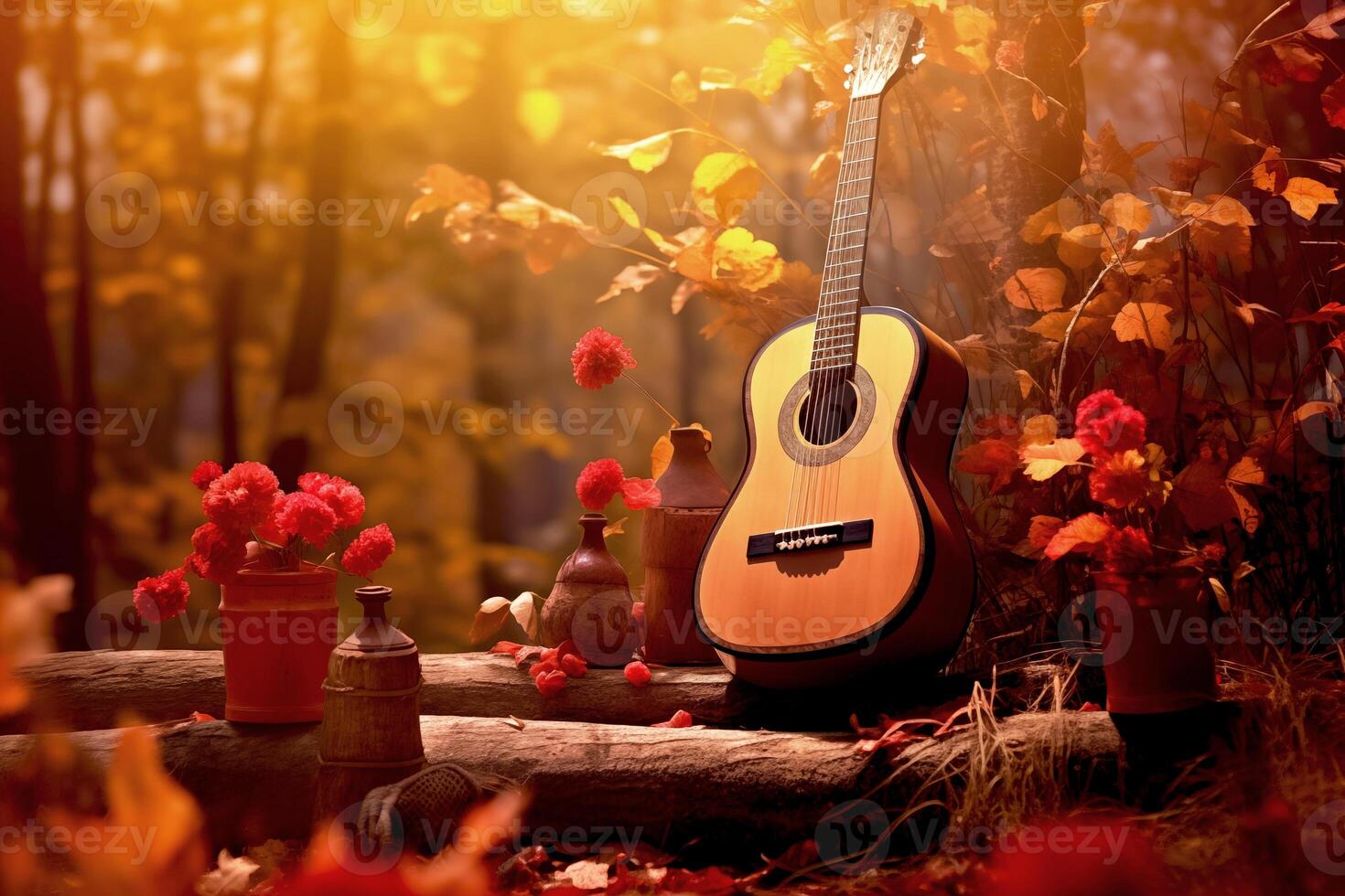 ai generiert das Gitarre Lügen auf das Garten im Herbst Jahreszeit mit Ahorn Baum und Blumen Hintergrund, das Konzept ein Lied Über Herbst, Musik- im Farben Wald foto