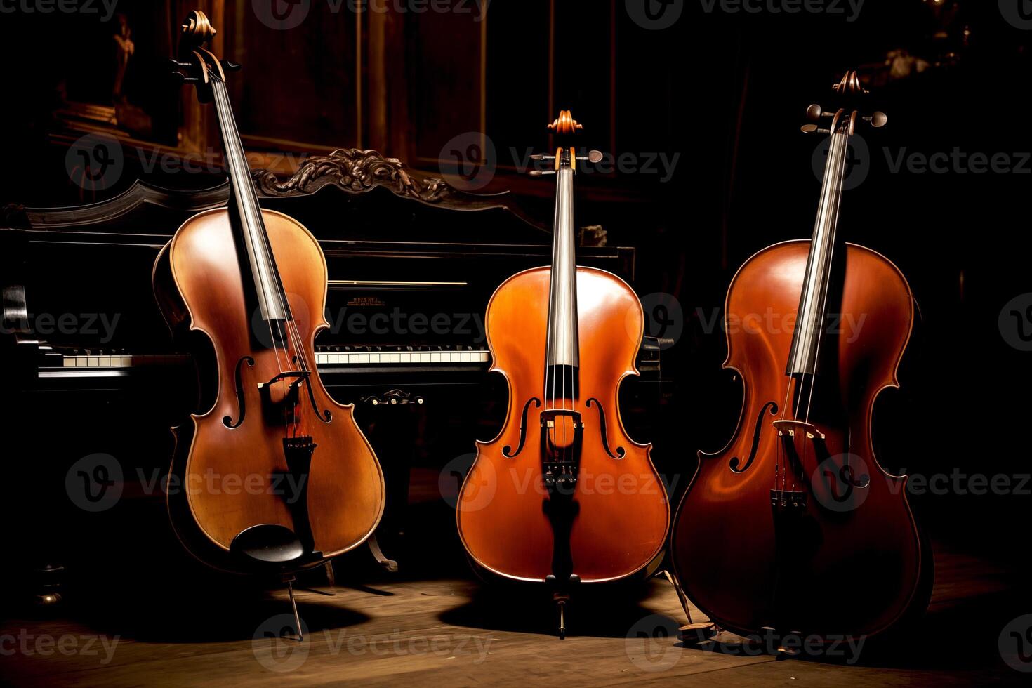 ai generiert Musik- Trio Instrument mit Klavier, Violine und Cello dekoriert mit schwarz Hintergrund foto
