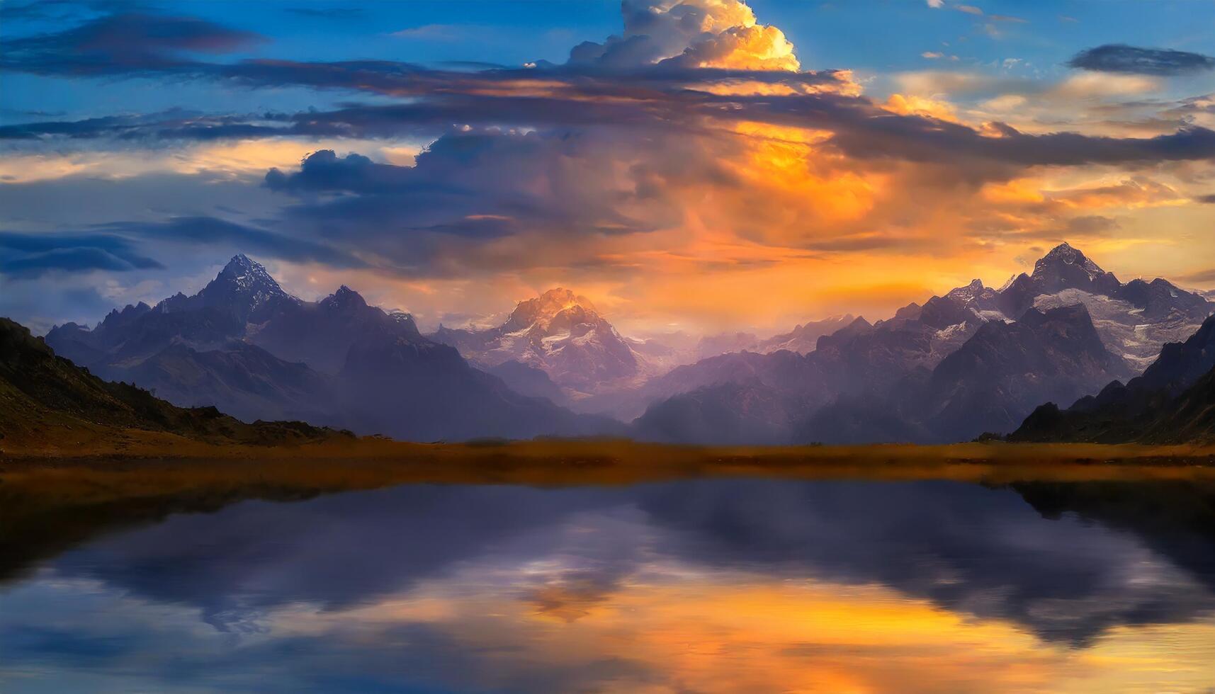 ai generiert Sonnenuntergang Aussicht von Berg Angebot mit dramatisch wolkig Himmel und Betrachtung foto