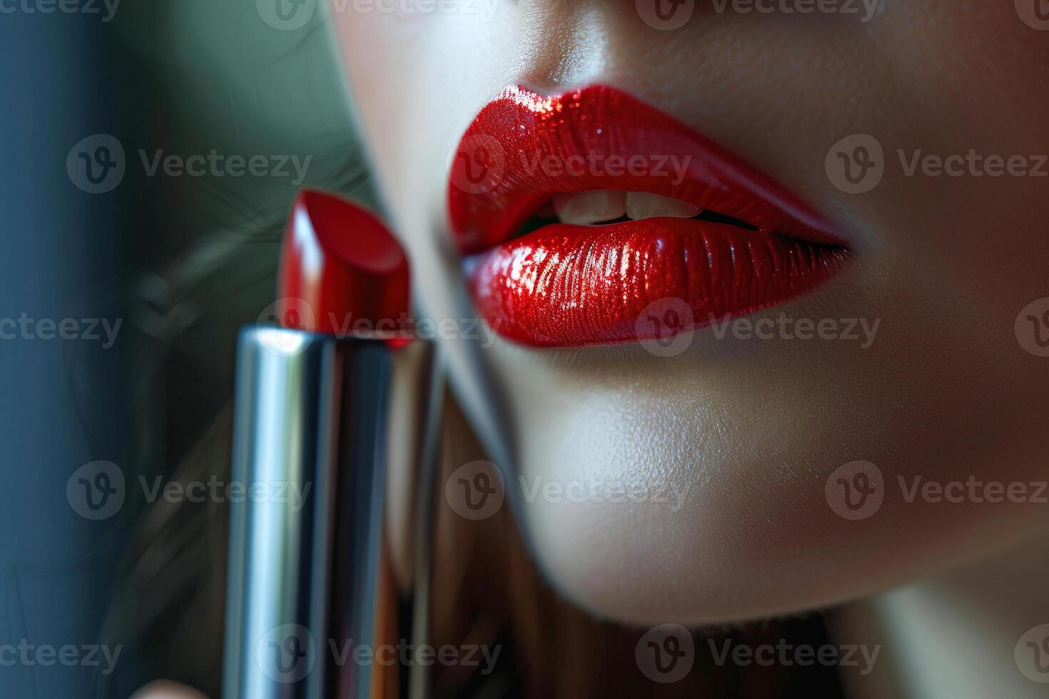 ai generiert Nahansicht von ein Frau Lippen mit hell rot Lippenstift und Tropfen von Wasser auf ihnen. Schönheit, Kosmetika, bilden Konzept. generiert durch künstlich Intelligenz foto