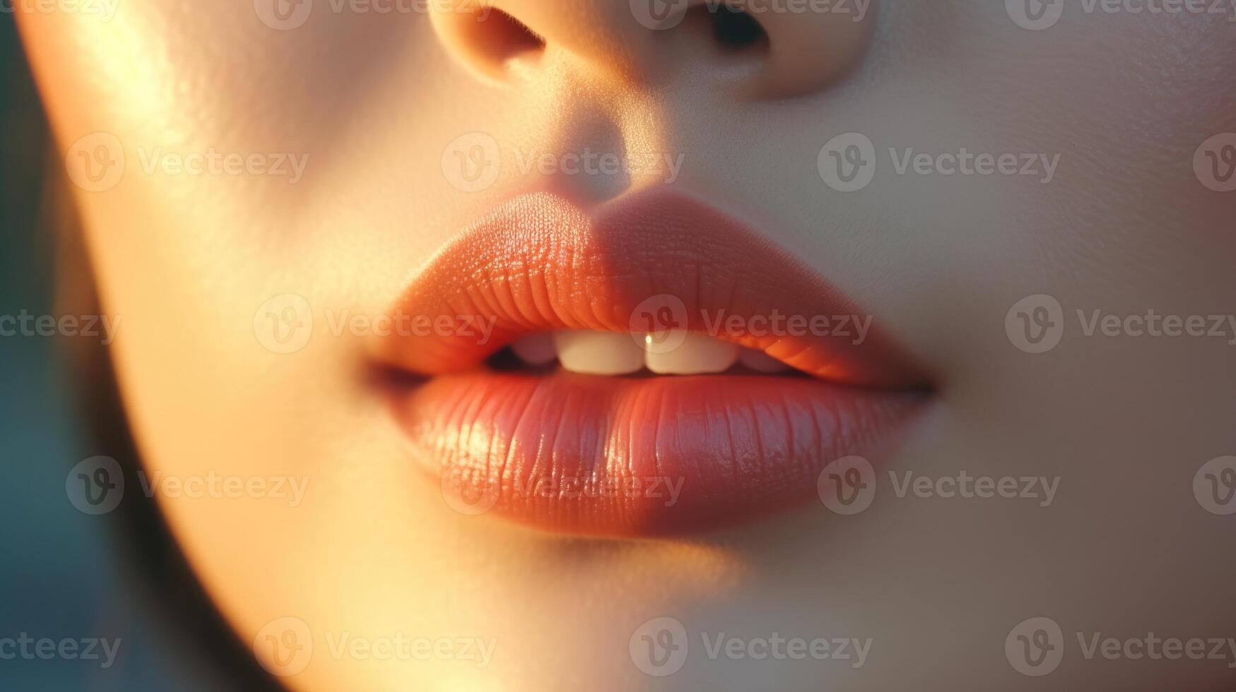 ai generiert schließen oben Porträt von ein Frau rot Lippen Haut Pflege, ai foto